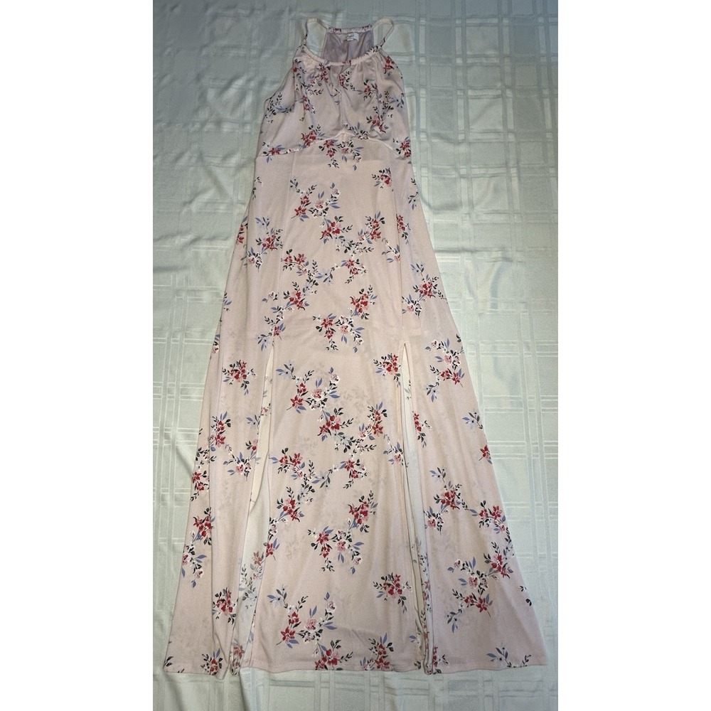 Candies Maxi Dress Womens Size XL Pink Floral Sleeveless Halter Split‎ Leg